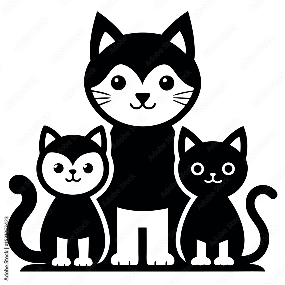 Fototapeta premium Cute Cat Family Vector Icon - Black and White Mother Cat with Kittens Clipart Illustration
