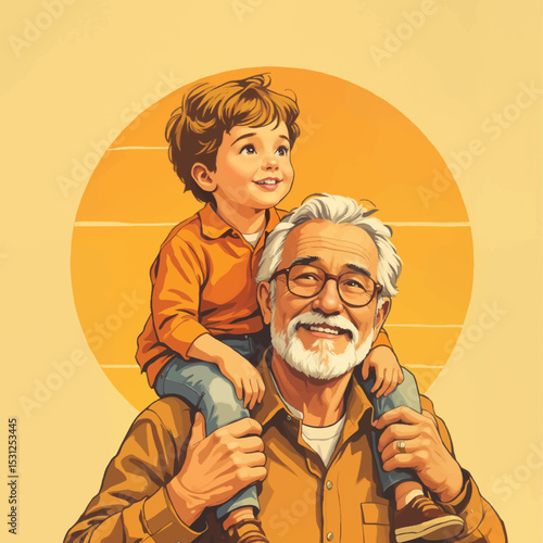 Grandfather and grandson smiling against a yellow background