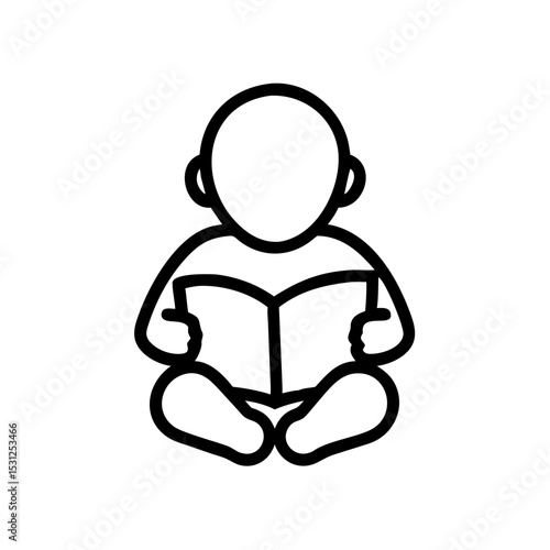 Toddler Reading Book Cute Line Art Illustration of Child with Book