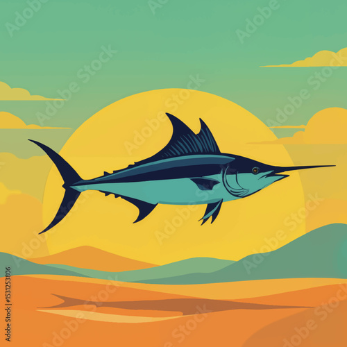 Marlin fish swimming against a sunset background