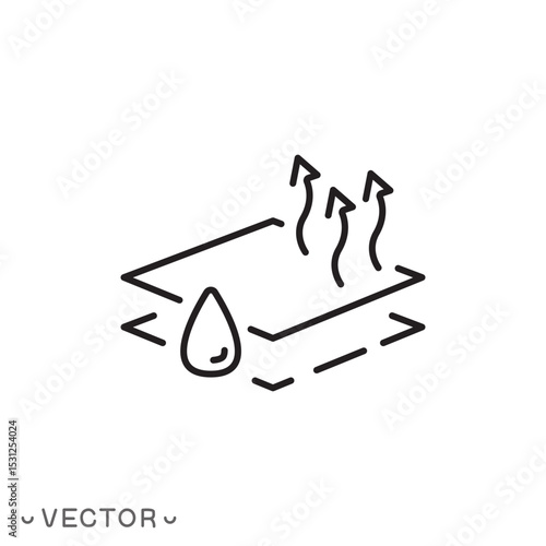 moisture evaporation process of coating icon, drop liquid on cloth, drying paint or varnish surface concept, thin line symbol isolated on white background, editable stroke eps 10 vector illustration