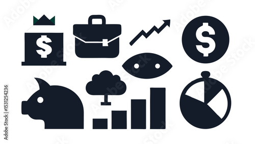 Financial Icon Collection: A curated set of sleek, dark icons representing various aspects of finance, business, and investment. Perfect for illustrating concepts like savings, growth.
