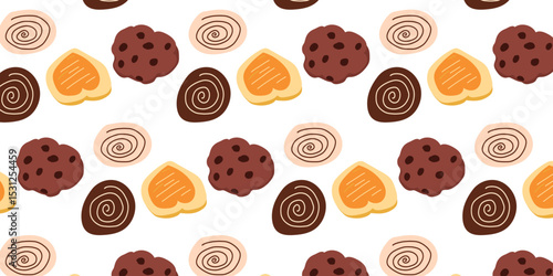Cookies pattern background.  illustration with biscuit and oatmeal cookies. cartoon elements isolated on monochrome background.