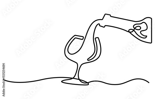 Wine bottle and wine glass drawing with one continuous line, Continuous line one drawing of wine bottle with wineglass, The image shows the silhouette of a vermouth.