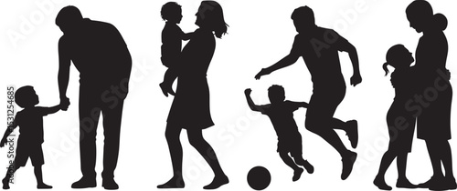 Black silhouettes of happy families playing and interacting with children on a white background