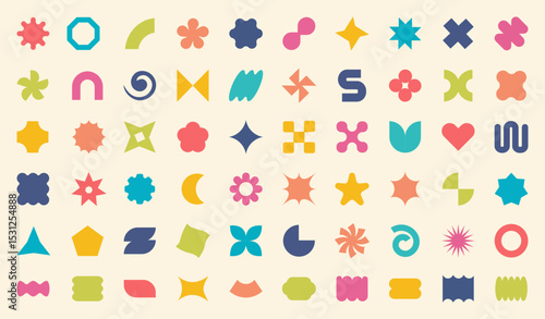 Abstract shapes. Sticker pattern elements, organic flower, star and geometric forms, heart and circle, icon silhouette, graphic label or geometry pop art, y2k frames. Vector design
