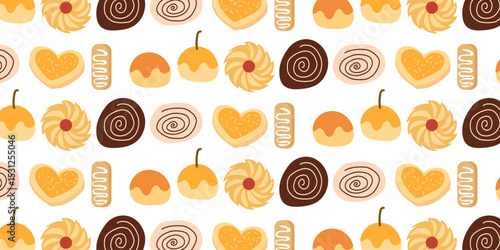 Cookies pattern background.  illustration with biscuit and oatmeal cookies. cartoon elements isolated on monochrome background.