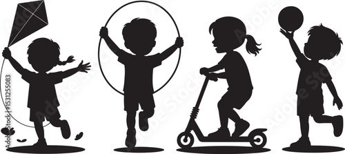 Children enjoying outdoor activities playing with kite hula hoop scooter and ball silhouettes