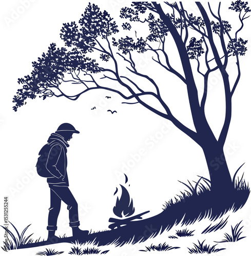 Silhouette of Solitude: A solitary figure, illuminated by the warm glow of a crackling campfire, stands beneath the sheltering branches of a towering tree.