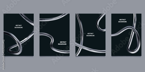 3D chrome shape. Abstract metal y2k spiral. Silver fluid line and steel liquid tube. Swirl bent pipe figure. Polished curl form. Futuristic tech banner. Vector black backgrounds set