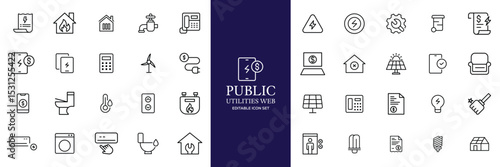 Public utilities web icons line set. Public Utilities Water, Fuel, Electricity, gas, garage, Solar House, Rent receipt, Maintainence, and More vector illustration