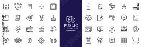 Public utilities web icons line set. Public Utilities Water, Fuel, Electricity, gas, garage, Solar House, Rent receipt, Maintainence, and More vector illustration