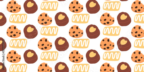 Cookies pattern background.  illustration with biscuit and oatmeal cookies. cartoon elements isolated on monochrome background.