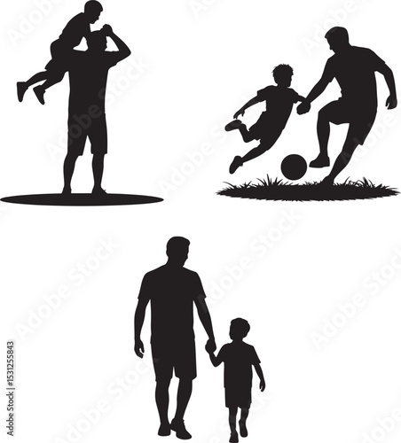 Father and son silhouettes playing and walking together demonstrating family activities