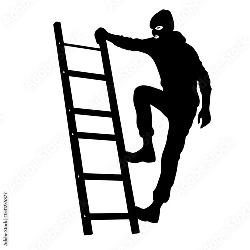 Silhouette of Masked Figure Climbing Ladder: Crime, Mystery, and Urban Exploration