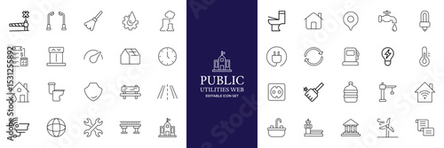 Public utilities web icons line set. Public Utilities Water, Fuel, Electricity, gas, garage, Solar House, Rent receipt, Maintainence, and More vector illustration