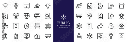 Public utilities web icons line set. Public Utilities Water, Fuel, Electricity, gas, garage, Solar House, Rent receipt, Maintainence, and More vector illustration