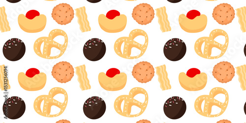Cookies pattern background.  illustration with biscuit and oatmeal cookies. cartoon elements isolated on monochrome background.