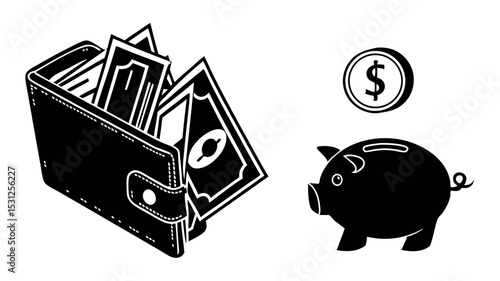 Financial Security: Illustration depicting a wallet overflowing with currency, complemented by a coin and a piggy bank, symbolizing financial management and prosperity.