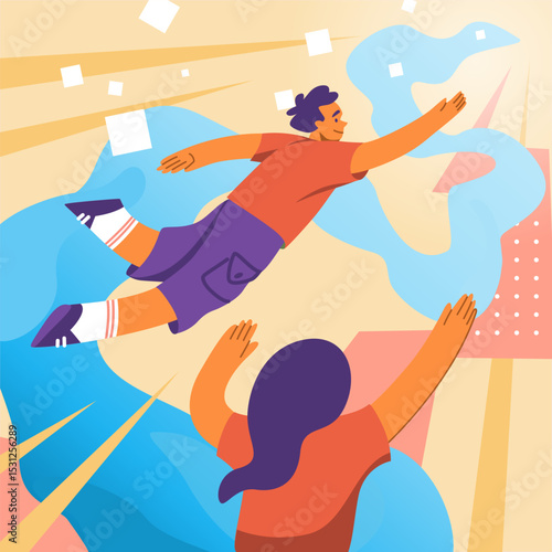 Flying people. Happy man and woman in space, abstract colorful background. Achieve goal. Imagination and inspiration, symbol of freedom, dreaming person vector cartoon flat illustration