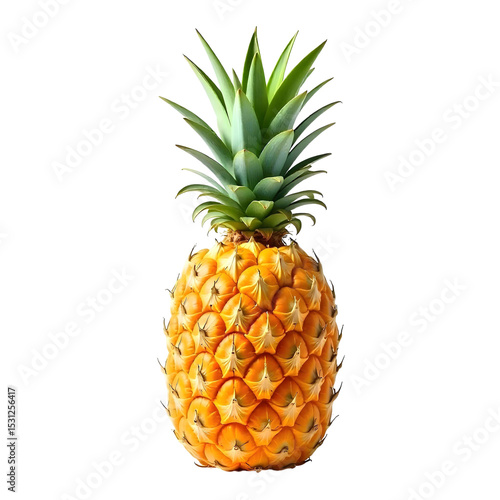 A ripe pineapple with a spiky exterior and a crown of green leaves, standing against a plain png background