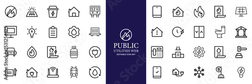 Public utilities web icons line set. Public Utilities Water, Fuel, Electricity, gas, garage, Solar House, Rent receipt, Maintainence, and More vector illustration