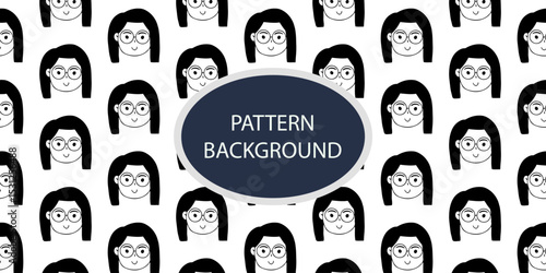 Emoticon head people pattern background. Diverse people crowd silhouette abstract art seamless pattern. Multi-ethnic community, cultural diversity group background drawing illustration in black white