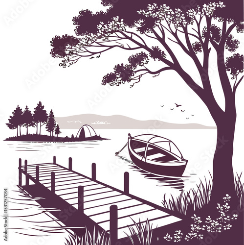Lakeside Serenity: A serene illustration of a lake with a wooden pier and a boat tied alongside. A tree, grass, and mountain creates a peaceful ambiance.