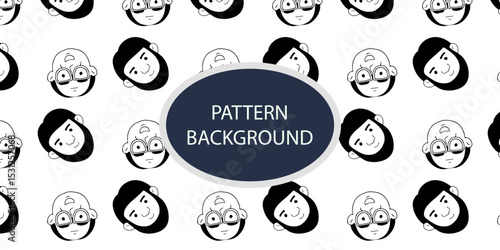 Emoticon head people pattern background. Diverse people crowd silhouette abstract art seamless pattern. Multi-ethnic community, cultural diversity group background drawing illustration in black white