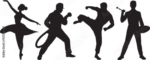 Silhouettes of diverse professions and activities depicting movement and artistic expression