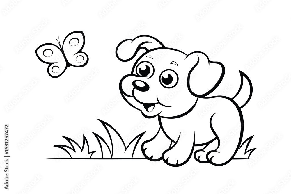 Fototapeta premium Adorable puppy line drawing with butterfly in grass