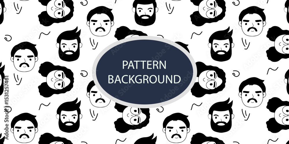 Fototapeta premium Emoticon head people pattern background. Diverse people crowd silhouette abstract art seamless pattern. Multi-ethnic community, cultural diversity group background drawing illustration in black white