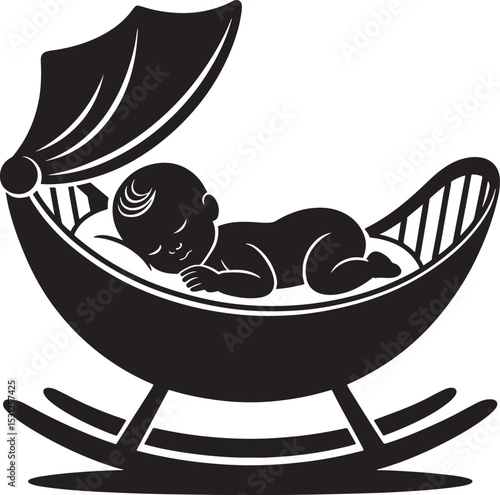 Vector illustration of a sweet sleeping baby in a rocking cradle with canopy silhouette