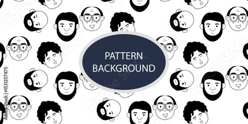 Emoticon head people pattern background. Diverse people crowd silhouette abstract art seamless pattern. Multi-ethnic community, cultural diversity group background drawing illustration in black white