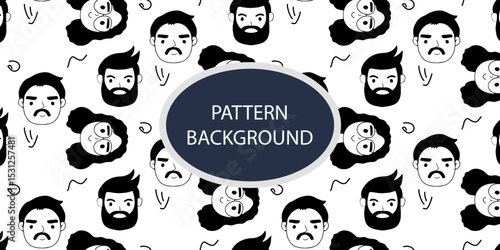 Emoticon head people pattern background. Diverse people crowd silhouette abstract art seamless pattern. Multi-ethnic community, cultural diversity group background drawing illustration in black white