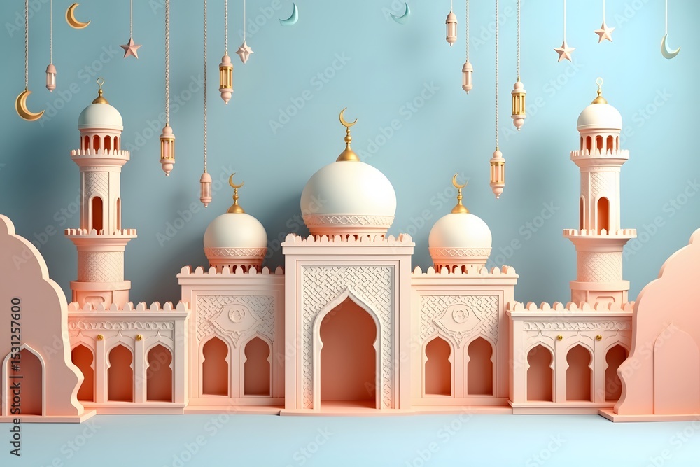 Obraz premium Festive 3d illustration of a mosque with hanging lanterns and crescent moons