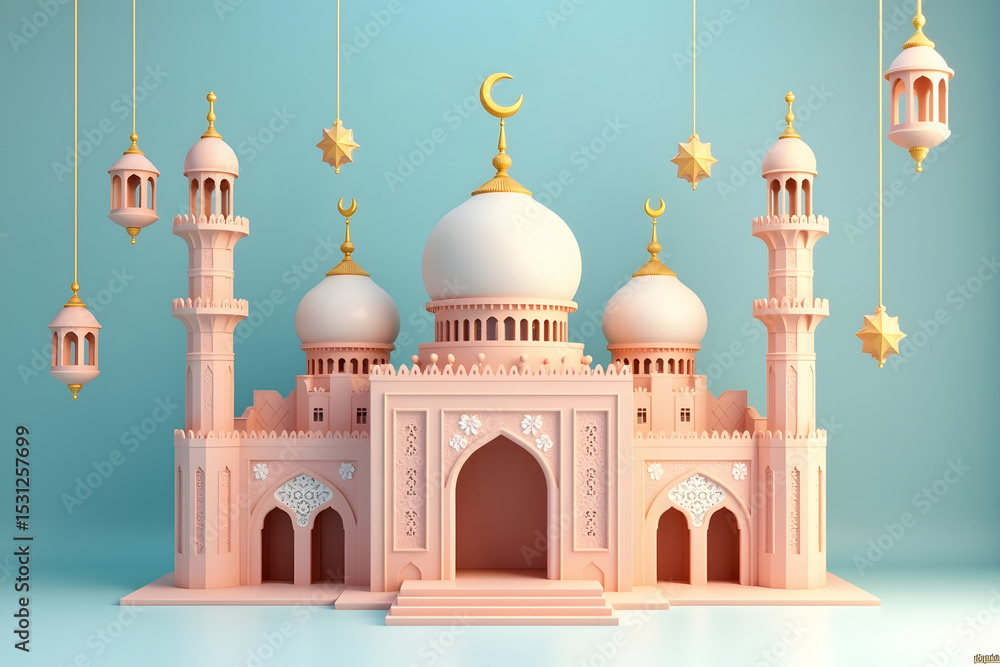 Obraz premium Elegant 3d illustration of a mosque design celebrating the eid al-fitr festival.
