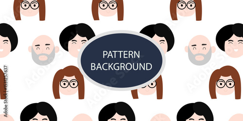 Emoticon head people pattern background. Diverse people crowd silhouette abstract art seamless pattern. Multi-ethnic community, cultural diversity group background drawing illustration in black white