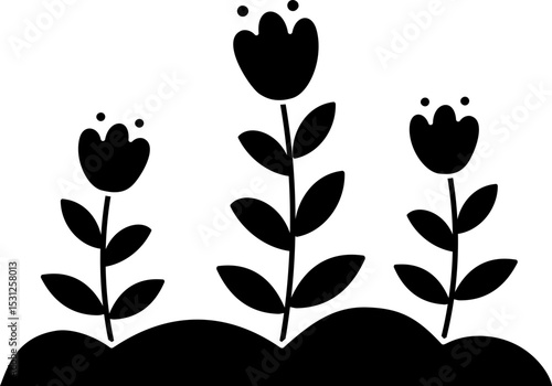 
Blooming Flower Growing in Soil silhouette. 
Floral with Leaves silhouette.
Spring flowerbed icon.
Cute Outdoor Garden flowers Vector.
Transparent background.