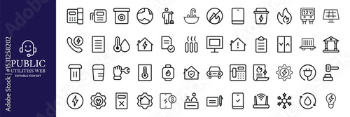 Public utilities web icons line set. Public Utilities Water, Fuel, Electricity, gas, garage, Solar House, Rent receipt, Maintainence, and More vector illustration