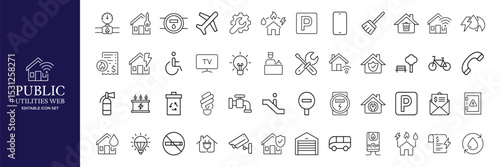 Public utilities web icons line set. Public Utilities Water, Fuel, Electricity, gas, garage, Solar House, Rent receipt, Maintainence, and More vector illustration