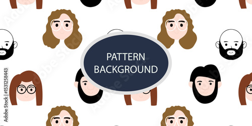 Emoticon head people pattern background. Diverse people crowd silhouette abstract art seamless pattern. Multi-ethnic community, cultural diversity group background drawing illustration in black white