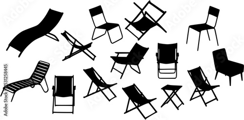 Collection of black silhouette chairs and deck chairs
