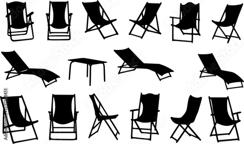 Collection of black silhouette chairs and deck chairs
