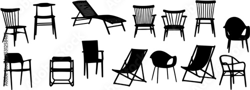 Collection of black silhouette chairs and deck chairs
