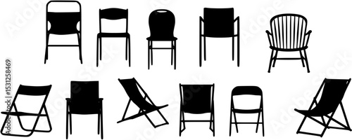 Collection of black silhouette chairs and deck chairs

