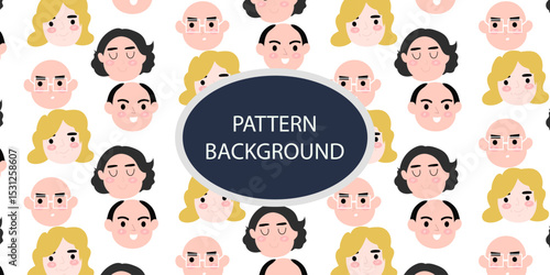 Emoticon head people pattern background. Diverse people crowd silhouette abstract art seamless pattern. Multi-ethnic community, cultural diversity group background drawing illustration in black white