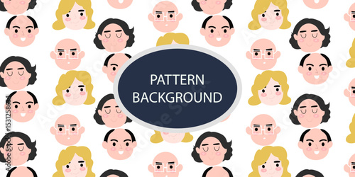 Emoticon head people pattern background. Diverse people crowd silhouette abstract art seamless pattern. Multi-ethnic community, cultural diversity group background drawing illustration in black white