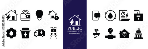 Public utilities web icons line set. Public Utilities Water, Fuel, Electricity, gas, garage, Solar House, Rent receipt, Maintainence, and More vector illustration