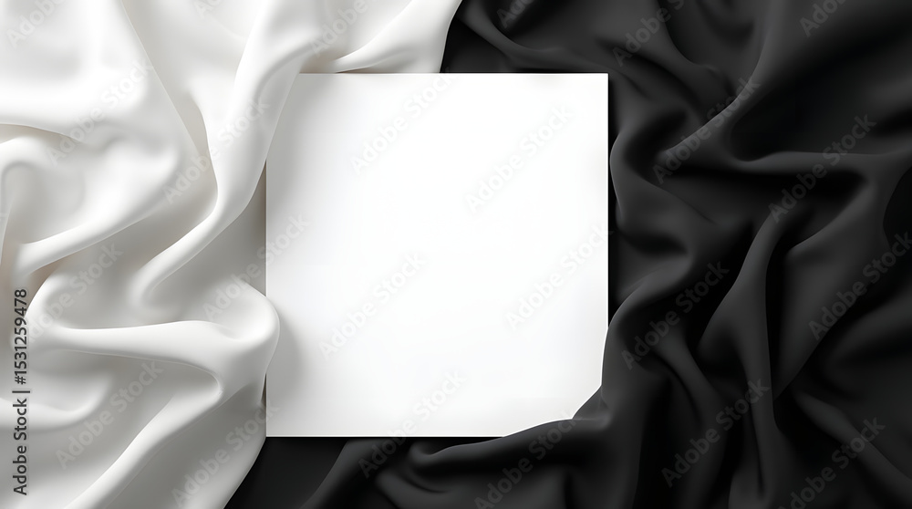 White square on black and white silk fabric White square on black and white silk fabric